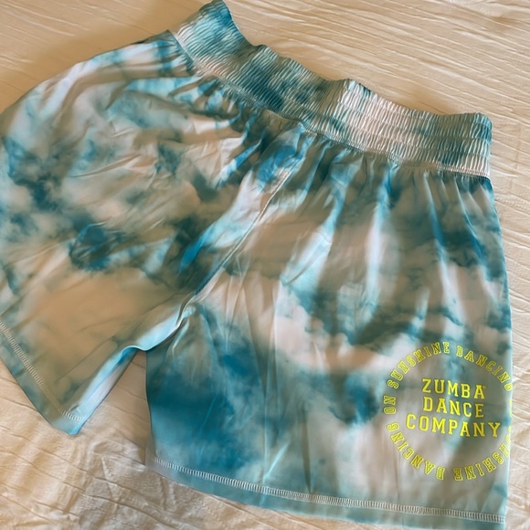 Zumba aqua and white tie dye shorts with neon yellow accents - Picture 6 of 6